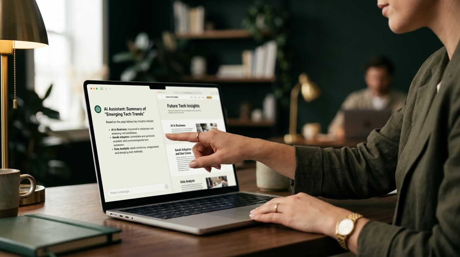 Persona señalando en la pantalla un resumen generado por IA de una página web