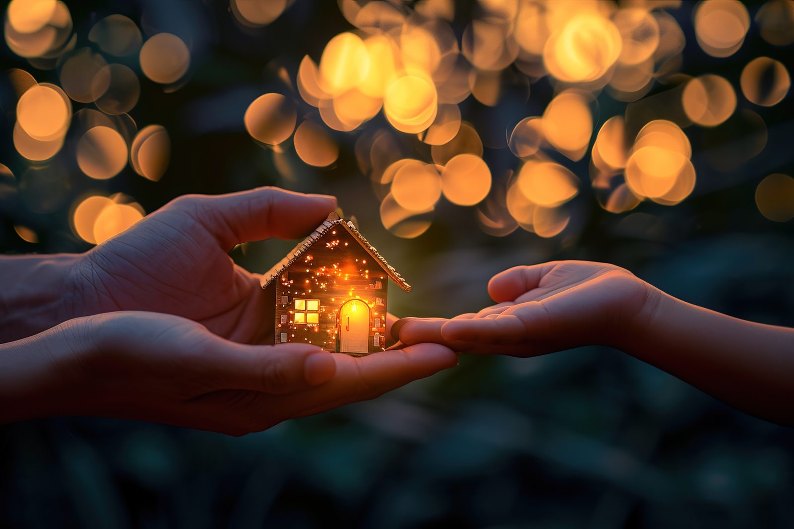 Casa en miniatura iluminada entregada de una mano a otra, símbolo de la automatización de una inmobiliaria con IA