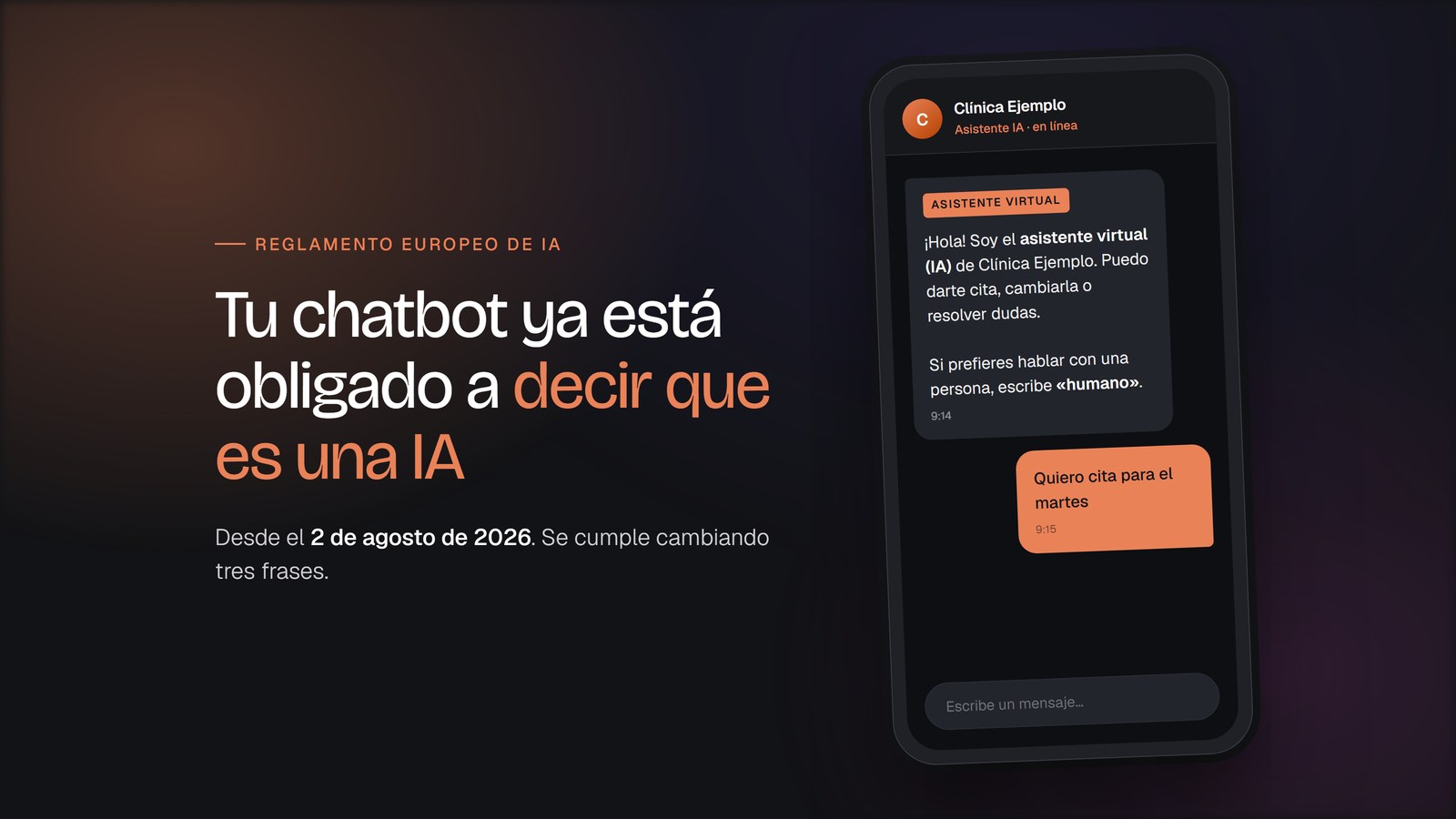 Móvil con una conversación en la que el asistente se presenta como IA y ofrece hablar con una persona escribiendo «humano»